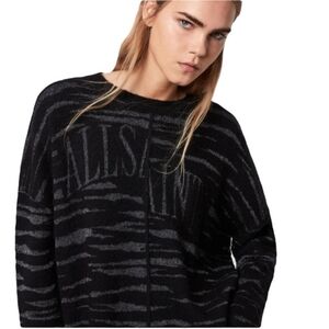 Women's ALL SAINTS Split Logo Black & Silver Tiger Striped Sweater XS Oversized